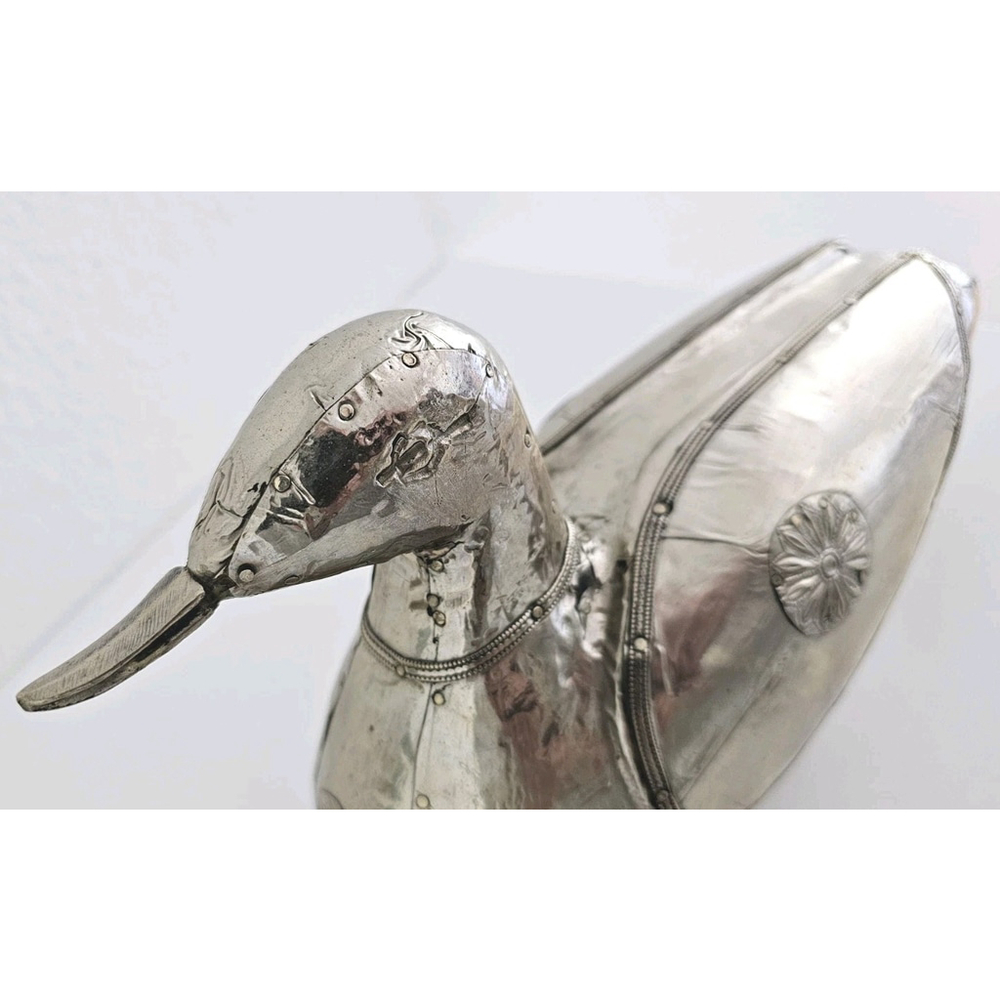 Vintage Silver Metal Over Wood Duck Decoy Figurine Folk Art Decorative Bird - Picture 13 of 16